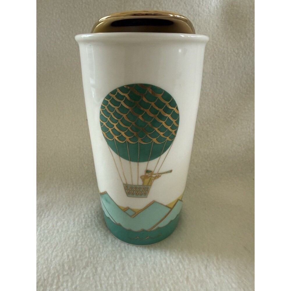 2014 Starbucks Hot Air Balloon Ceramic Coffee Tumbler Travel Gold Lid 12oz Dot